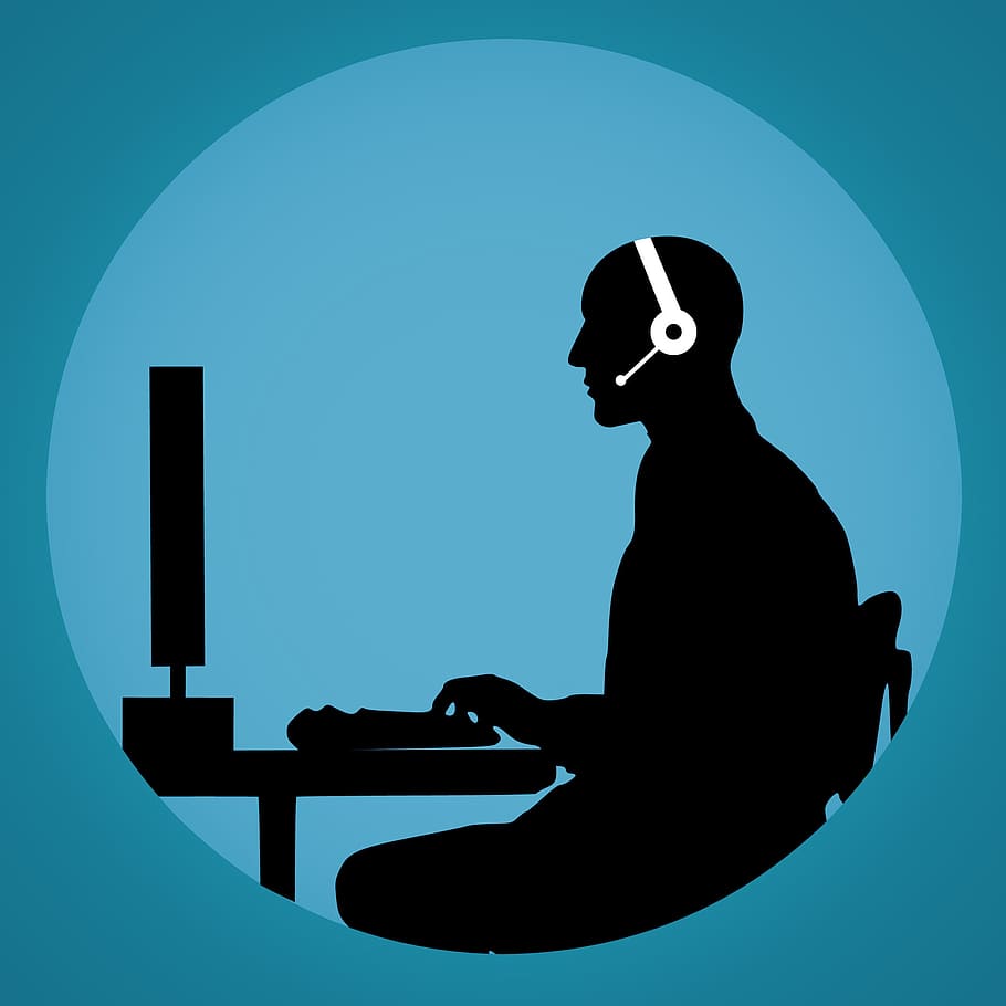 illustration, man, working, call, center., customer, support, silhouette, head, face