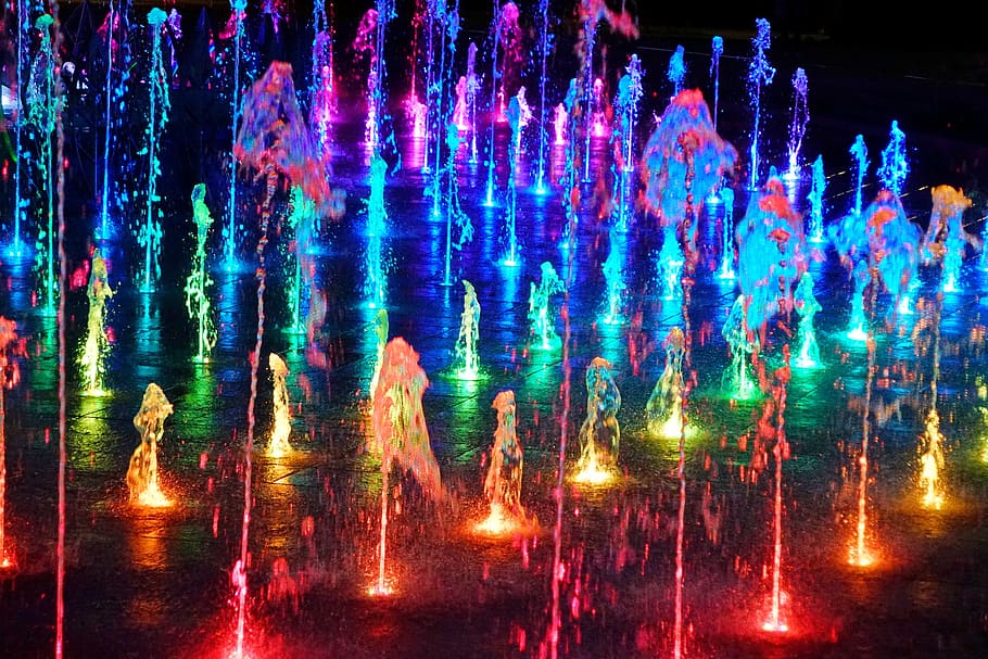 colored, water, fountain, lublin, poland, rainbow, entertainment, illuminated, night, glowing