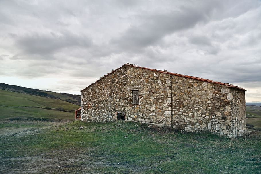 view, stone cottage, italy, clouds, green, hill, home, land, landscape, old