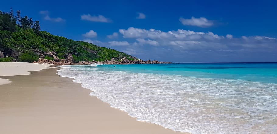 la digue, petit anse, seychelles, laut, rekreasi, liburan, pantai, pantai berpasir, pulau, air