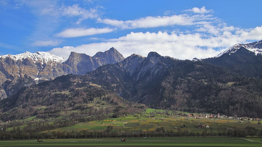 panorama, mountains, meadow, pasture land, april, flums, the alps, landscape, wide, switzerland