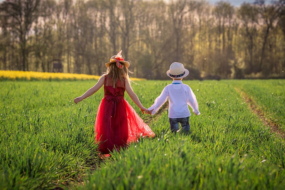 children, childhood, friends, girl, boy, together, care, meadow, spring, two