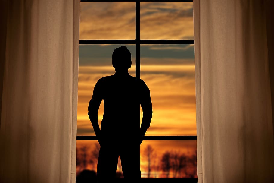 view, window, curtain, sunset, hope, man, outlook, distant, sky, clouds
