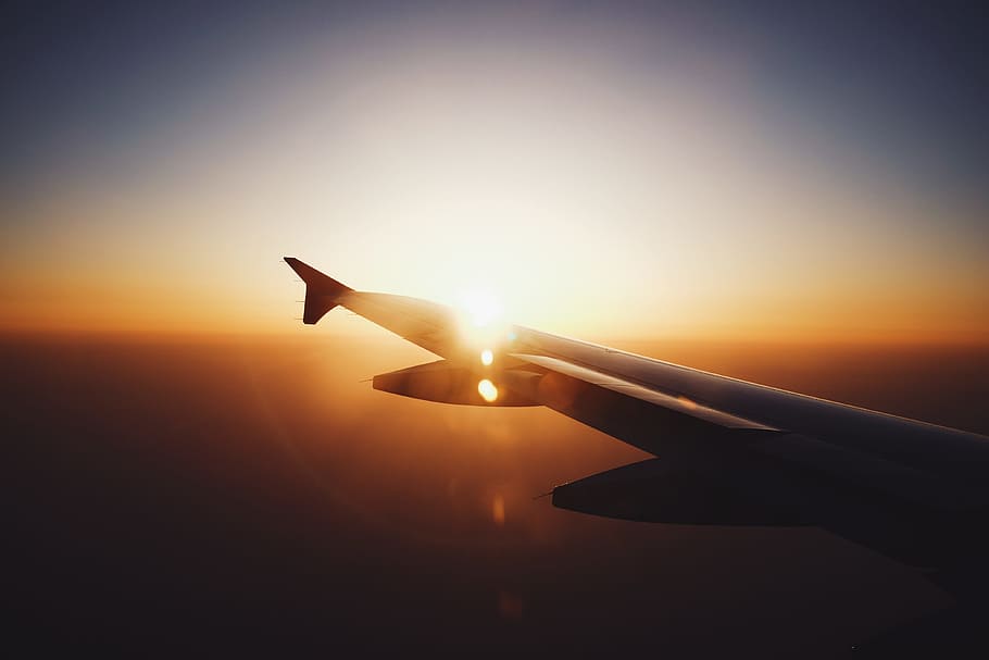 avião, companhia aérea, viagem, nuvens, azul, céu, luz do sol, silhueta, voo, Pôr do sol