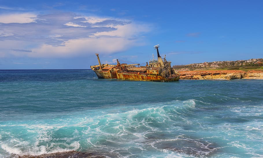 shipwreck, sea, clouds, boat, wreck, ship, rusty, aged, weathered, rough sea
