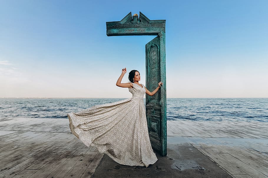 wedding, dresses, woman, beautiful, bride, sky, sea, one person, water, real people