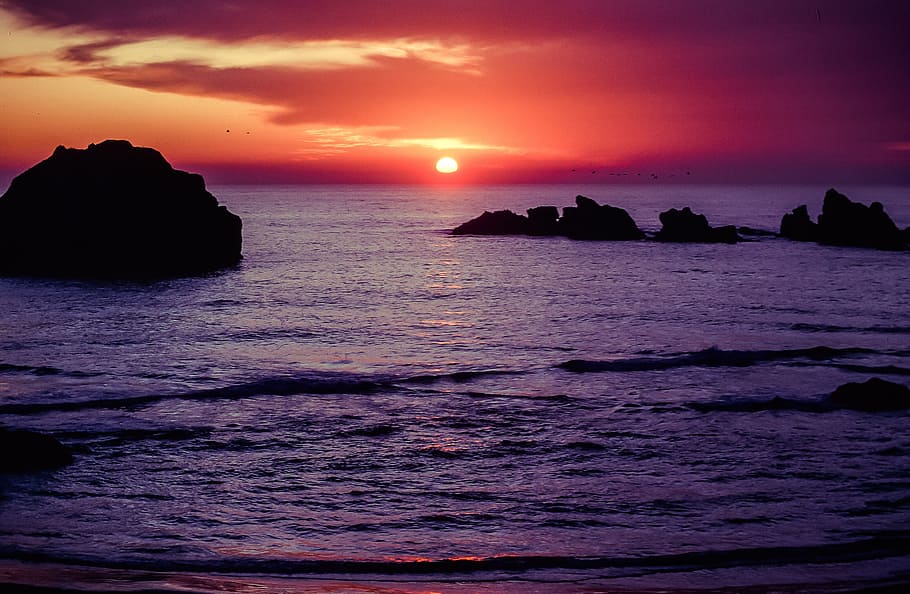 puesta de sol, costa, Bandon Beach, Oregon, Estados Unidos, brillante, nube, horizonte, paisaje, ligero