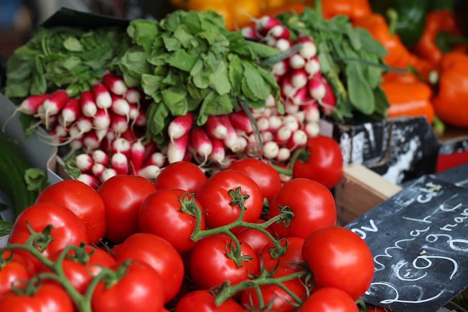mercado de verduras, verde, ingrediente, ingredientes, mercado, rábano, rojo, tomate, tomates, vegetales