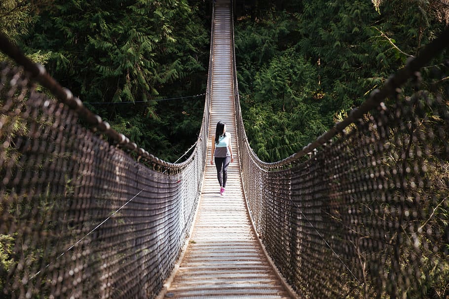 young, asian woman, walking, suspension bridge, 20-25 year old, asia, asian, bridge, green, landscape