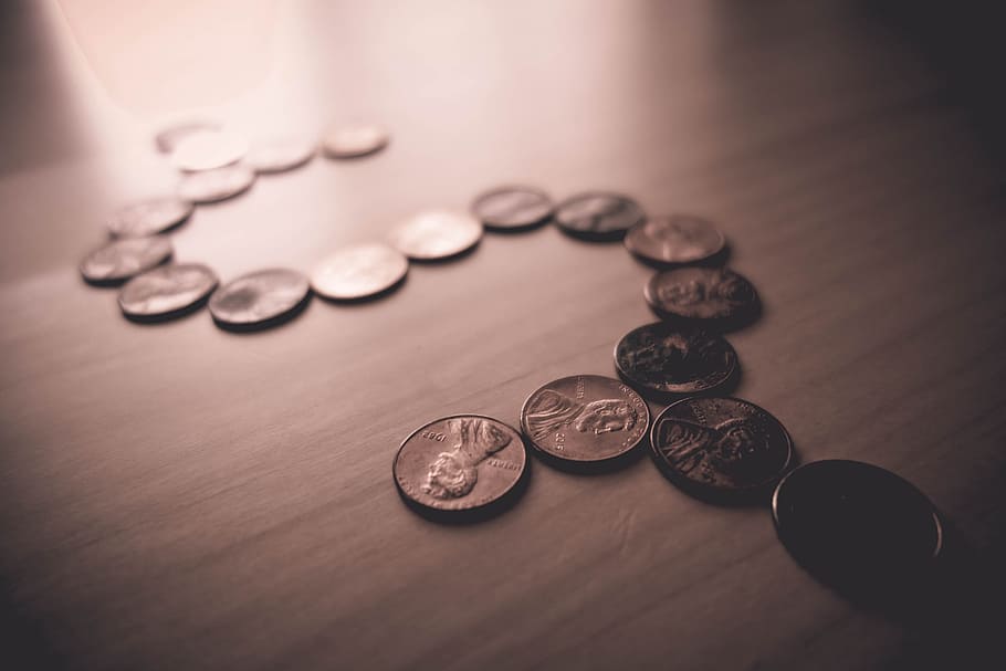 dollar pennies, coin, currency, wealth, table, finance, business, close-up, indoors, selective focus