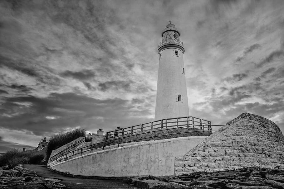 lighthouse, black and white, light, nature, architecture, old, beacon, sky, landmark, coast