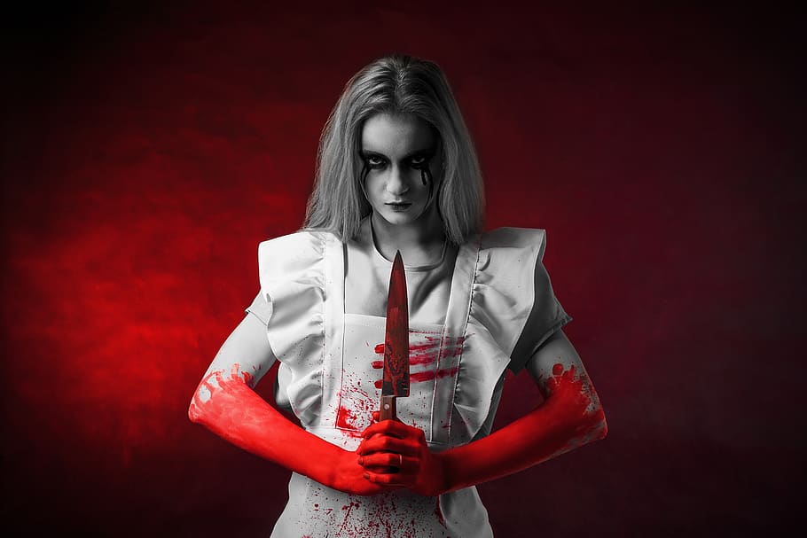 girl, costume, cosplay, horror, knife, red, front view, one person, studio shot, adult