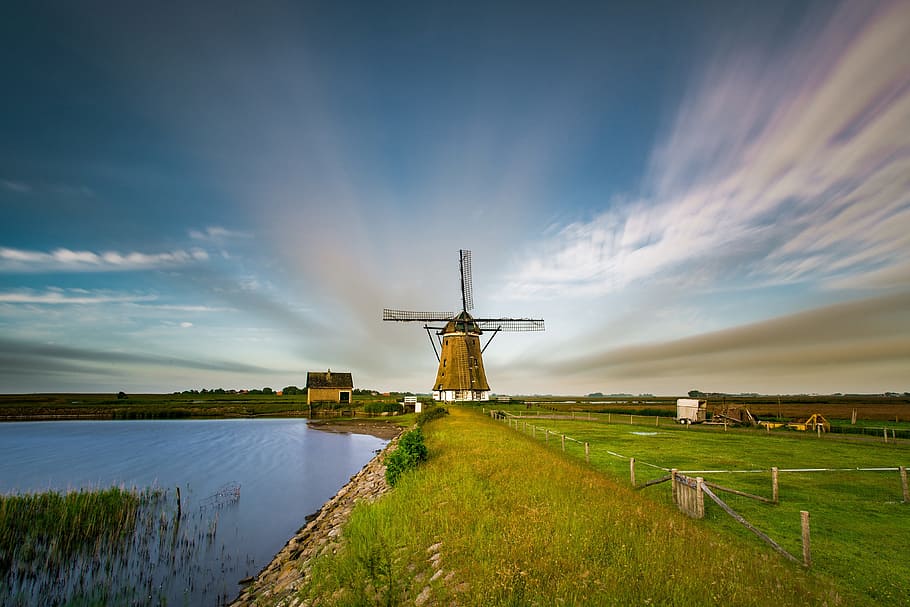 windmill on lake, landscapeNature, lake, lakes, river, rivers, environment, environmental conservation, wind power, sky