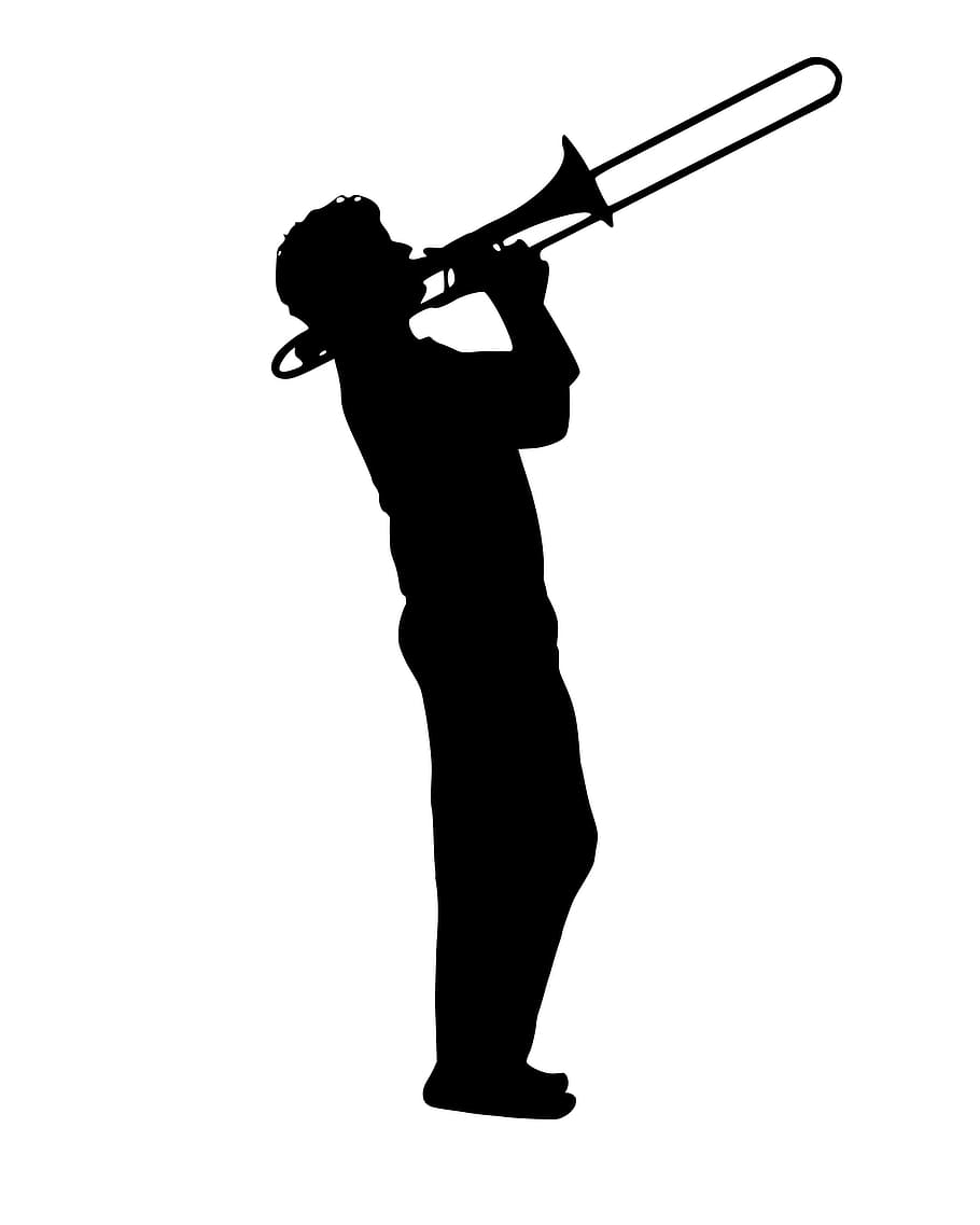 siluet, musisi, jazz, trombon, musik, bermain, pemain, instrumen, tanduk, pukulan