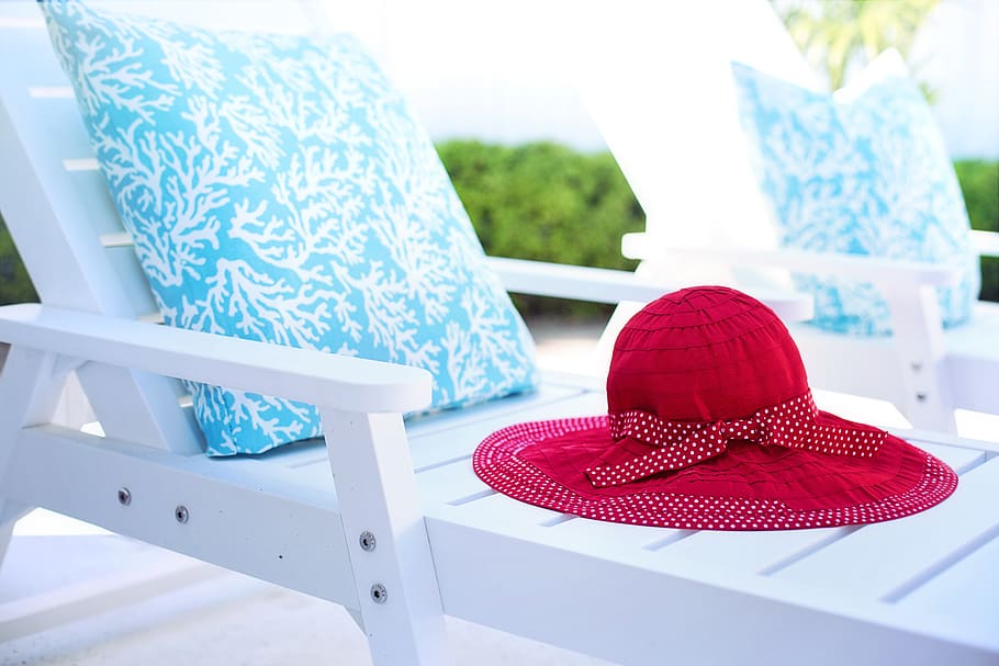 deck chair, lounger, lounge chair, white, hat, beach hat, poolside, summer, vacations, relax