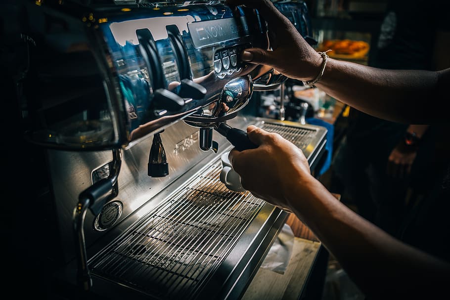 barista, coffee, machine, coffee shop, hands, cappucino, espresso, latte, food, drink