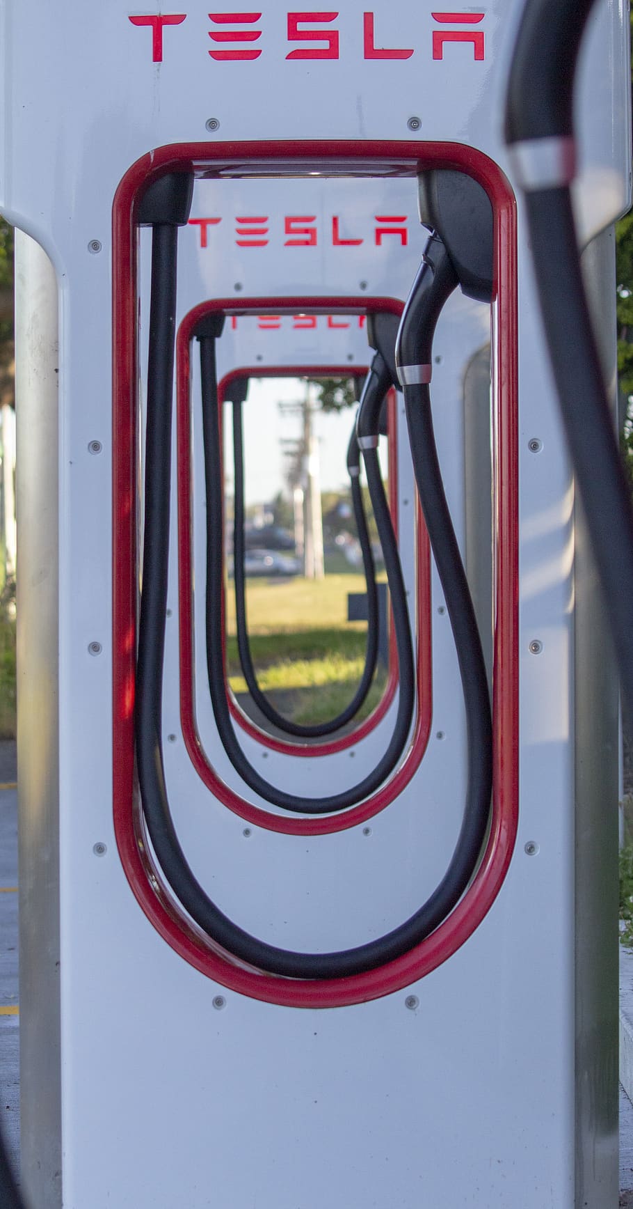 tesla, car, electric, charging, metal, red, day, close-up, outdoors, vehicle interior