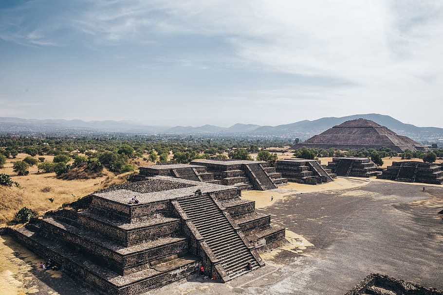 distant, view, pyramid, sun, state, mexico, ruins, archaeology, architecture, cloudy