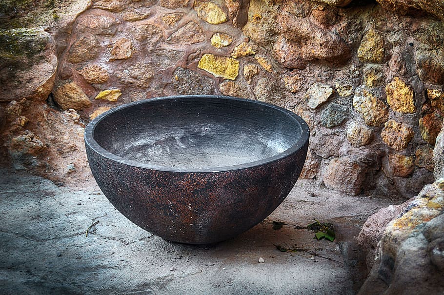 crock, bowl, ceramic, old, stone, day, metal, solid, outdoors, nature