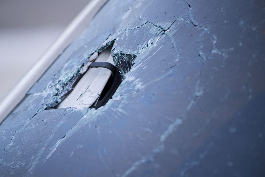 destrozado, ventana, estacionado, automóvil, roto, vidrio, accidente, choque, agrietado, vandalismo