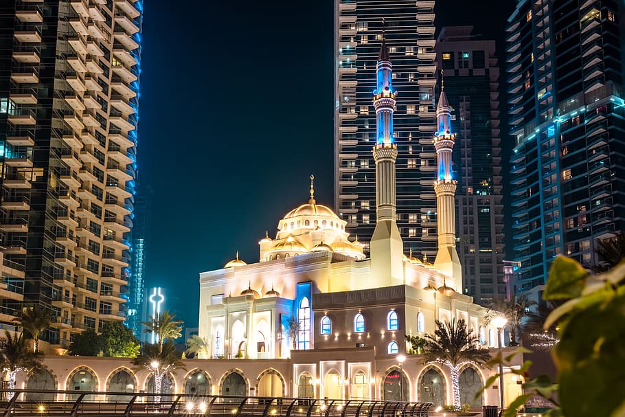 Dubai, Asia, Oriente, puerto deportivo, horizonte, rascacielos, noche, iluminado, EAU, moderno