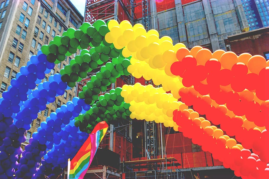 gay pride, various, gay, lGBT, multi colored, architecture, building exterior, built structure, low angle view, balloon