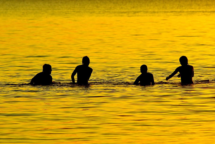 boys playing in lake, lake, dusk, sunset, water, nature, landscape, boys, children, play
