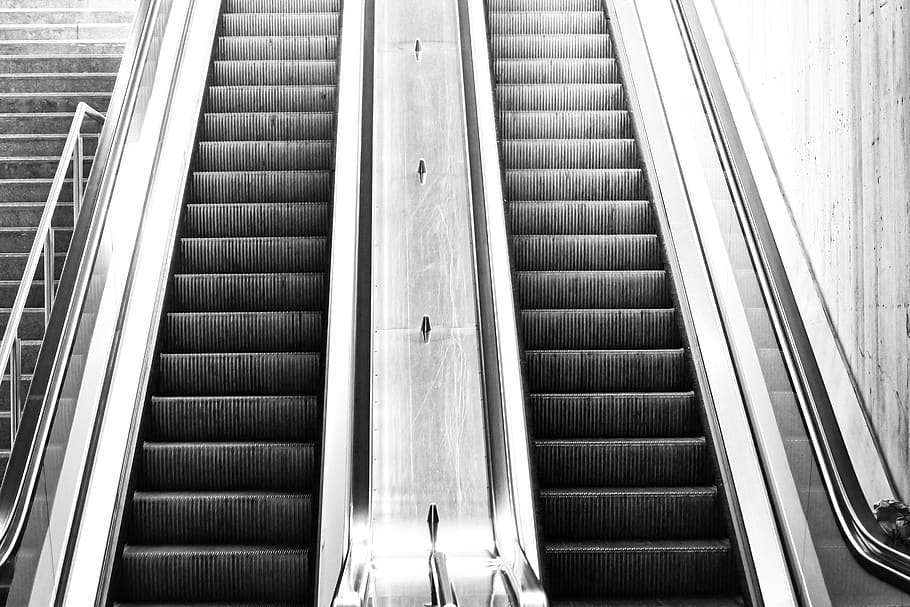 escalator, upward, stairs, urban, railway station, architecture, gradually, movement, metal, handrails