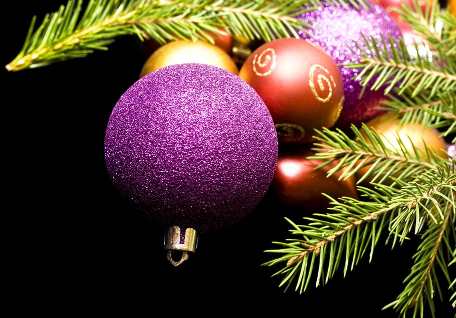 bola, perhiasan, hitam, cerah, perayaan, natal, pohon-natal, warna, dekorasi, hadiah