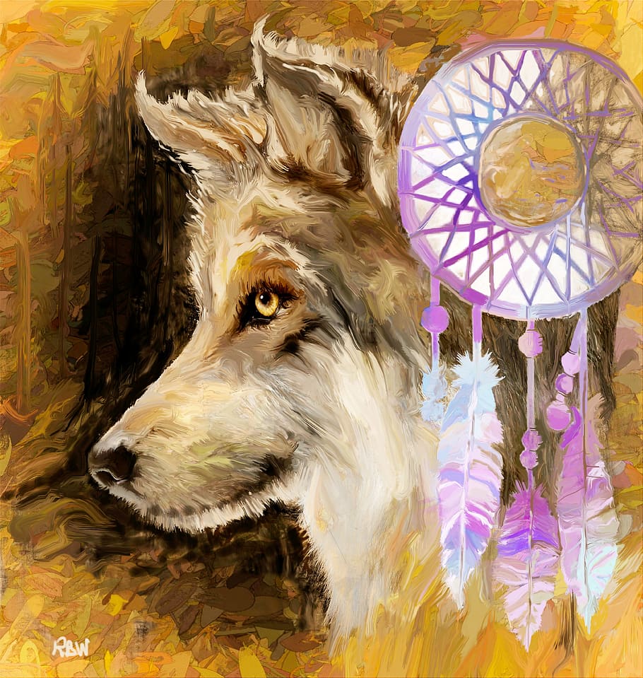 wolf dreaming, dreamcatcher, grey wolf, fantasy painting, one animal, pets, mammal, domestic, animal themes, domestic animals