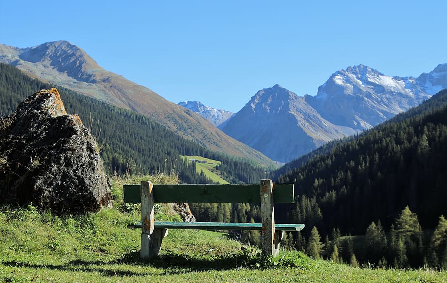sit, relaxation, landscape, bench, mountains, see, davos, the rest, panorama, nature