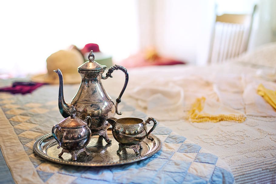 silver tea set, tea time, tea, breakfast in bed, breakfast, bedroom, table, teapot, indoors, food and drink
