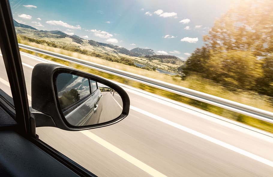 reflection, rear-view mirror, car, motion, transportation, mode of transportation, motor vehicle, road, mountain, land vehicle