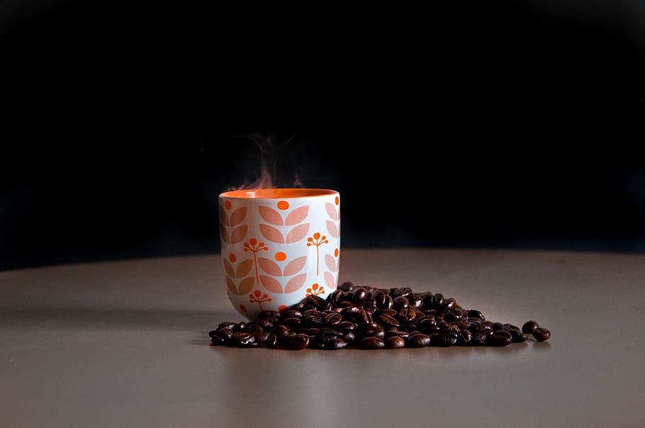 coffee cup, coffee beans, coffee, table, smoke, steam, dark, cafe, pleasure, drink