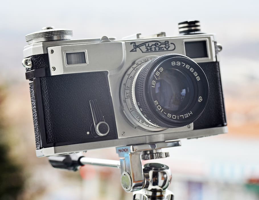 vintage camera, russian, retro, old, helios 103, kiev camera, analog, hipster, film, lens