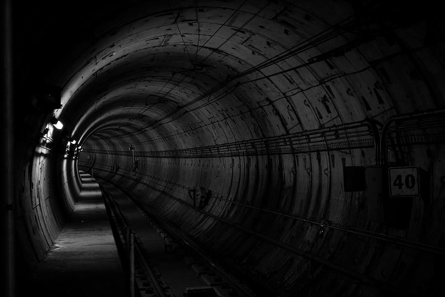 tunnel, subway, metro, corridor, underground, black and white, dark, industrial, construction, architecture