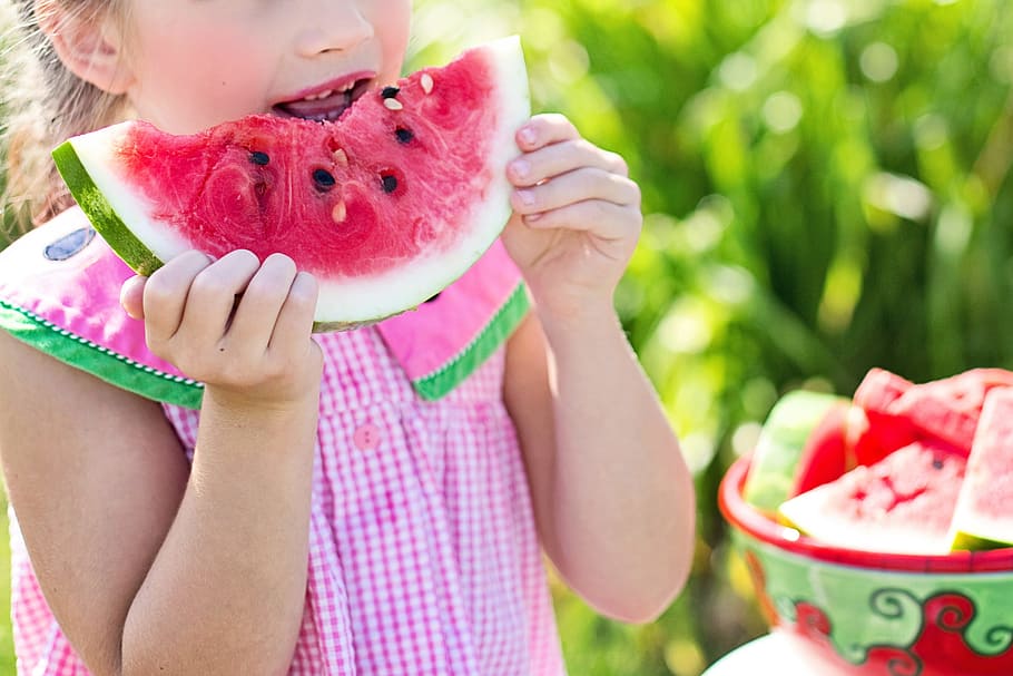 semangka, melon, segar, buah, makanan, alam, gadis, sedikit, putri, anak