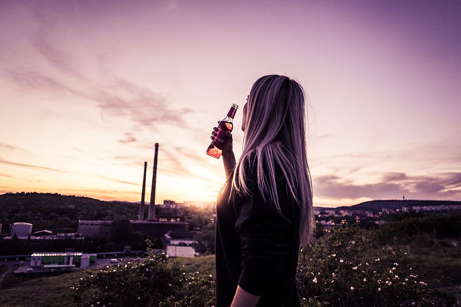 young, woman, enjoying, drink, sunset, alcohol, chill out, cider, drinking, drinks