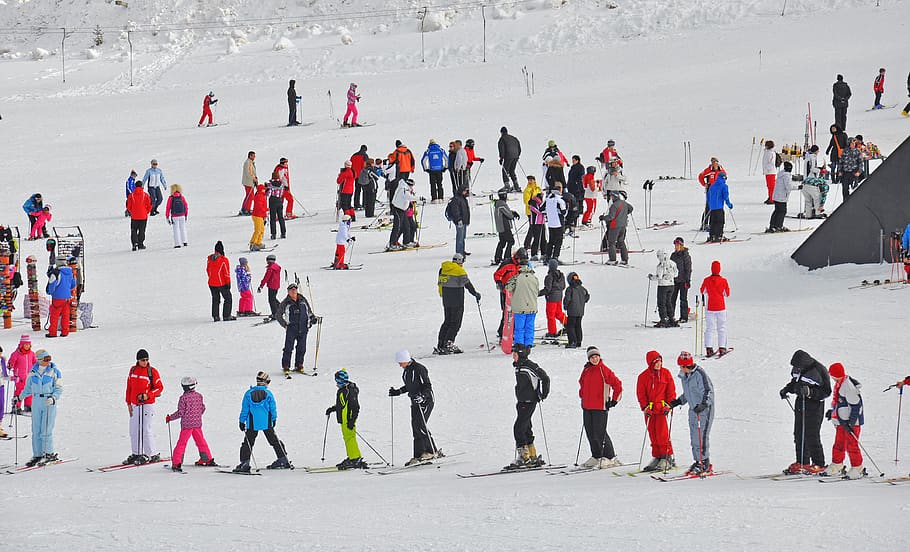 snow, people, outdoor, line, waiting, winter, crowd, group of people, large group of people, cold temperature