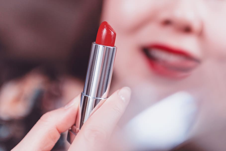 beautiful, woman, applying, red, lipstick, adult, women, human body part, make-up, close-up