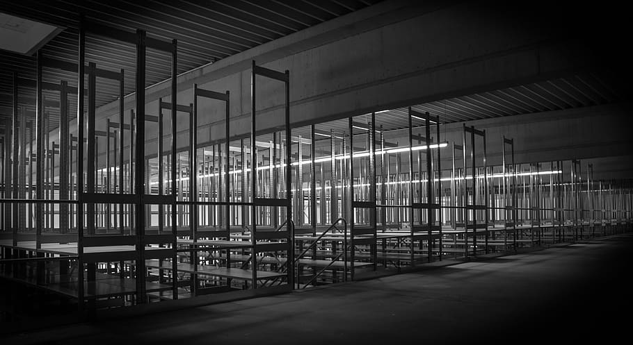 steel shelf, industrial hall, stock, building, industrial building, architecture, black and white, built structure, indoors, illuminated
