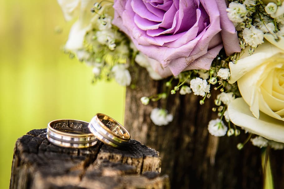 pernikahan, cincin, pertunangan, pasangan, kabur, kayu, buket, bunga, ikat, mawar
