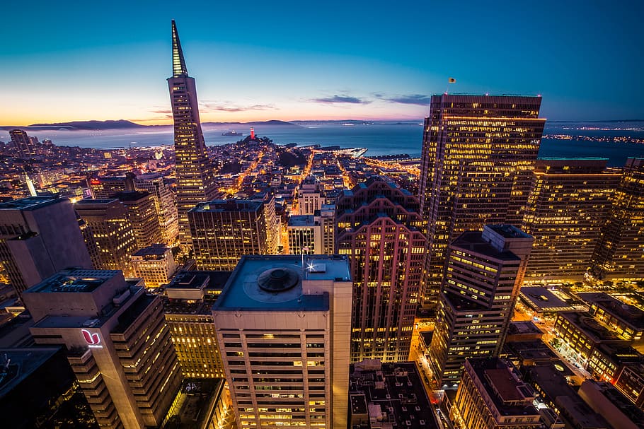 san francisco, financial, disctrict skyscrapers cityscape, night, architecture, bay, bay area, big city, buildings, california