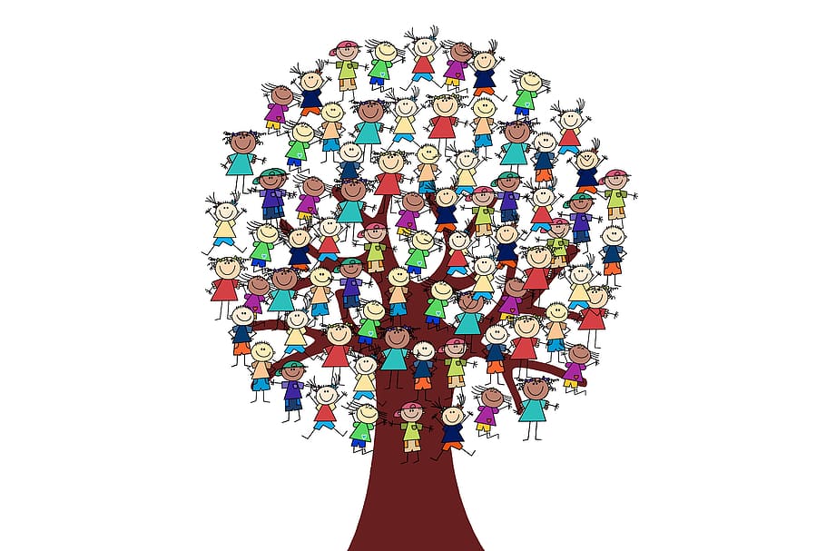 inclusão, grupo, árvore, crianças, desenho, incluem, humano, sociedade, comunidade, barreira