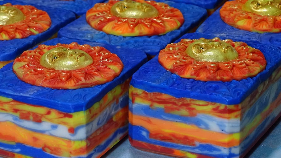 art soap, hand made, sun, gold, blue, astrology, sunlight, gold face, food and drink, food