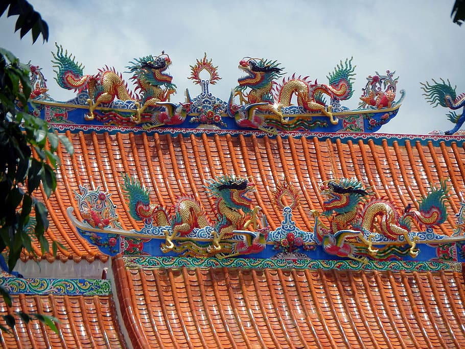 chinês, budista, templo, telhado, detalhes, tailândia, budismo, ornamentado, dragão, religião
