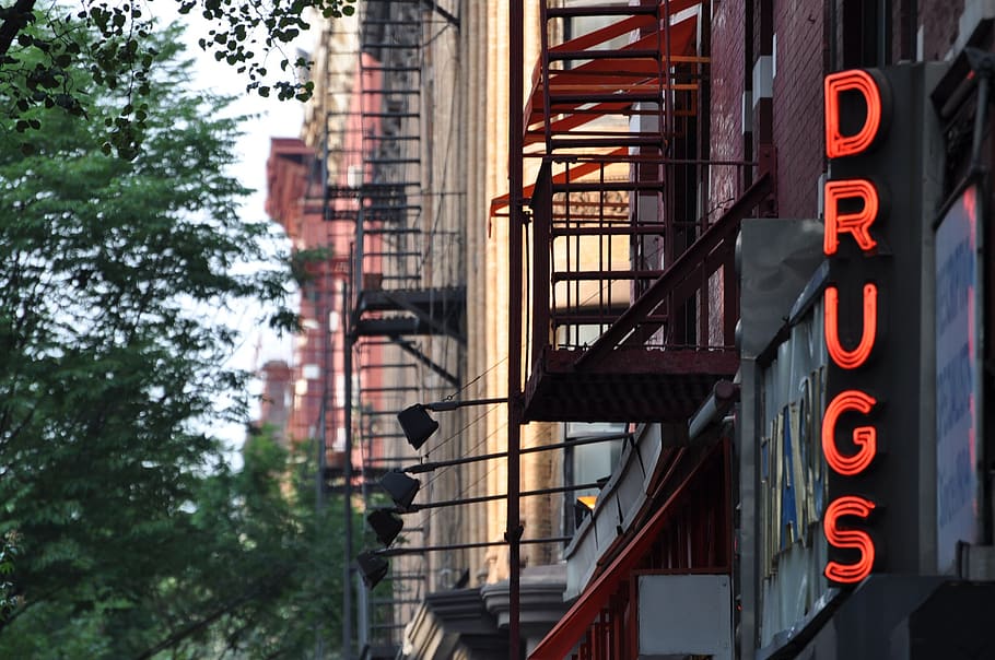 drugs, store sign, neon sign, new york, trees, fire escapes, buildings, pharmacy, symbol, drugstore