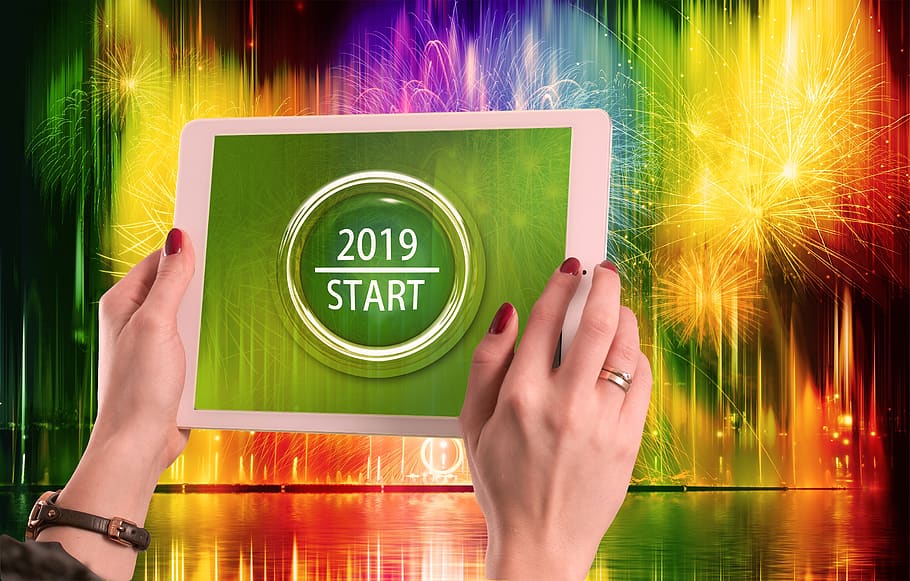 dia de ano novo, início, funcionário, empresária, tablet, toque, iniciar, véspera de ano novo, ano, anos começando