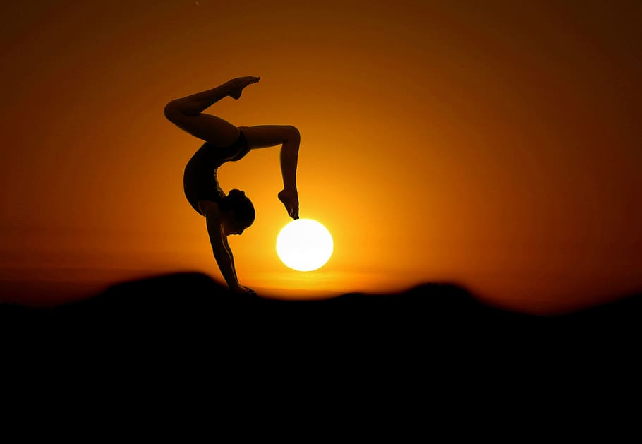 gimnasta, puesta de sol, silueta, deportes, mujer, yoga, cielo, una persona, sol, color naranja