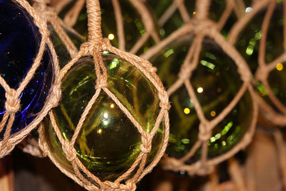 maritim, glaskugeln, dekorasi maritim, bola pancing, jaring ikan, teknologi node, bola hijau, tali, bola kaca berwarna, kaca hijau